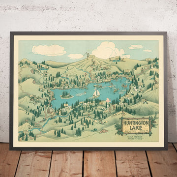 Vecchia mappa pittorica del Lago Huntington, CA di Jones, 1940: Picco Kaiser, Laghi Doppio, Campeggi, Sentieri, Prevenzione Incendi 