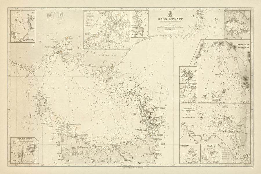 Ancienne carte nautique du détroit de Bass par Stokes, 1844 : Australie, Tasmanie, Port Dalrymple, Île King 