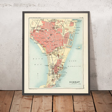 Antiguo mapa de la ciudad de Mumbai de Bartholomew, 1893: Back Bay, Puerto de Bombay, Churchgate, Astillero del Gobierno, Torre del Reloj de la Universidad 