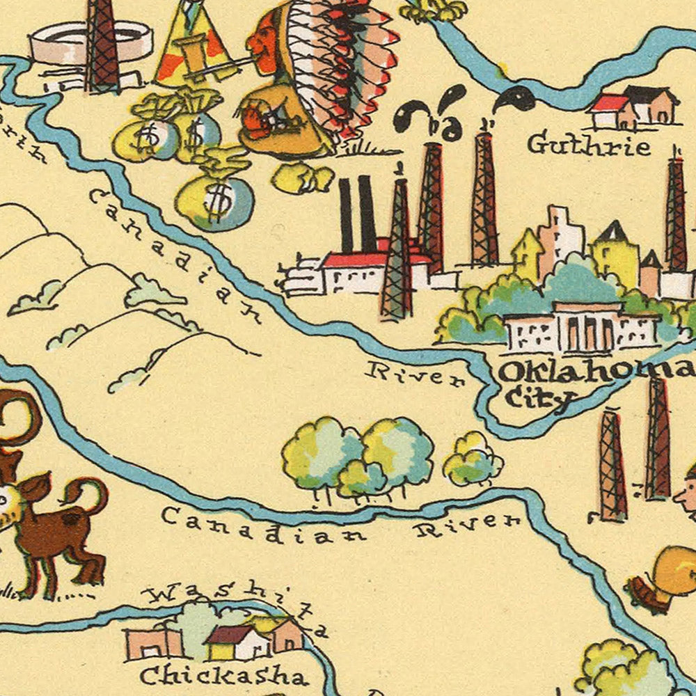 Pictorial Map of Oklahoma by Ruth Taylor White, 1935: Oklahoma City, Tulsa, Oil Fields, Native American Motifs, Dust Bowl Era