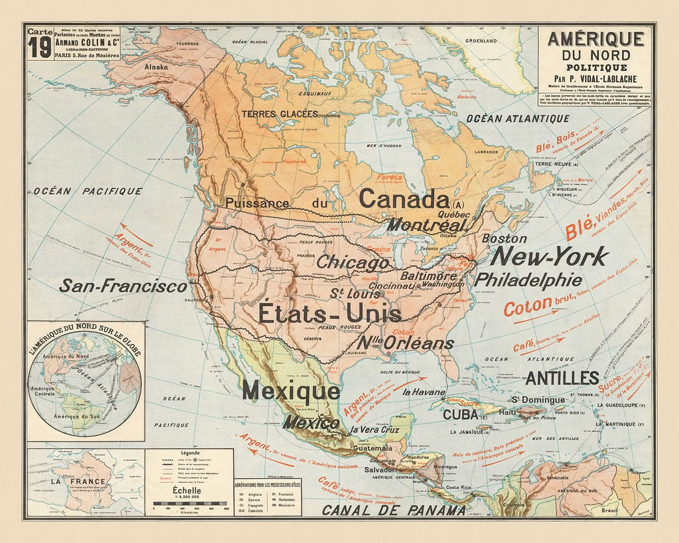 Mapa antiguo de América del Norte de Vidal de La Blache, 1921: fronteras políticas, diseño educativo, rutas comerciales