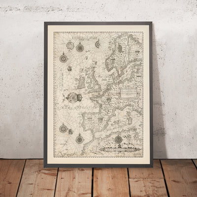 Old Nautical Chart of Europe by Waghenaer, 1588: British Isles, Iceland, Hy Brasil Mythical Island