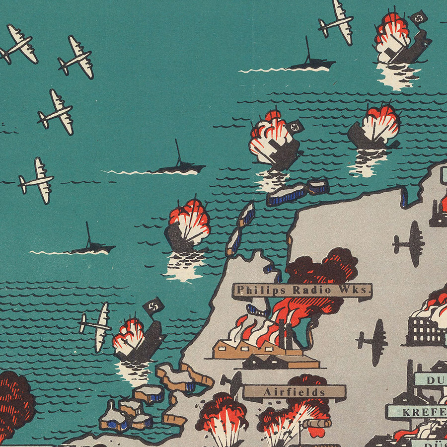 Alte bildliche Militärkarte von Großbritannien im Zweiten Weltkrieg von Blake, 1944: Ärmelkanal, alliierte Offensiven 