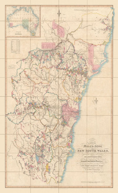 Alte Karte von New South Wales von Dixon, 1837: Sydney, Newcastle, Wollongong, Flüsse, Grafschaften