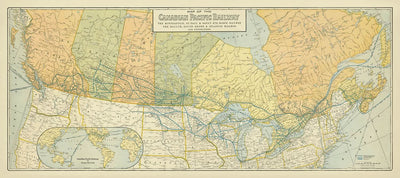 Mapa antiguo de Canadá y el norte de Estados Unidos de Poole Brothers, 1912: ferrocarriles, Grandes Lagos, bahía de Hudson, Toronto, Chicago