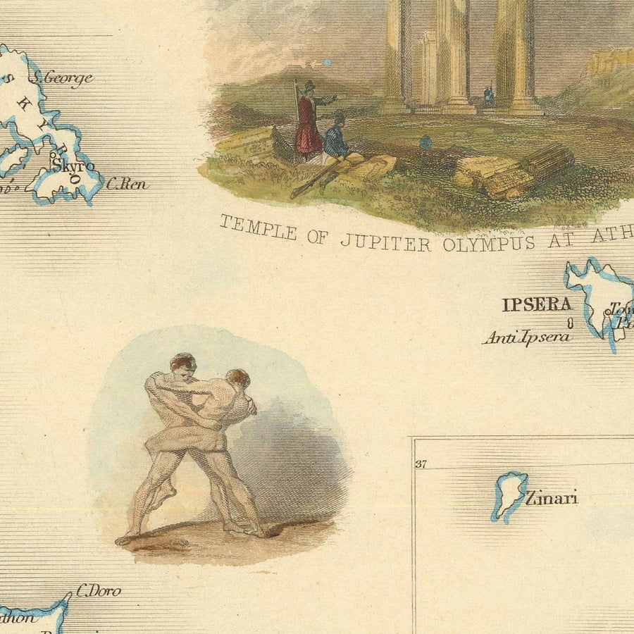 Vecchia mappa della Grecia e delle Isole Ioniche di Tallis, 1851: Atene, Monte Olimpo, Tempio di Giove, Egeo 