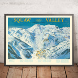 Alte bildliche Karte der Olympischen Winterspiele 1960, Squaw Valley USA: Luftseilbahn, Olympisches Dorf, Granite Chief 