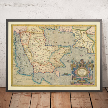 Old Map of the Arabian Peninsula by Mercator, 1595: Ptolemaic projection; Ornate cartouche; Red Sea & Persian Gulf