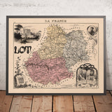 Ancienne carte picturale du Lot, France par Vuillemin, 1869 : Cahors, Figeac, Gourdon, rivière Lot, Rocamadour 