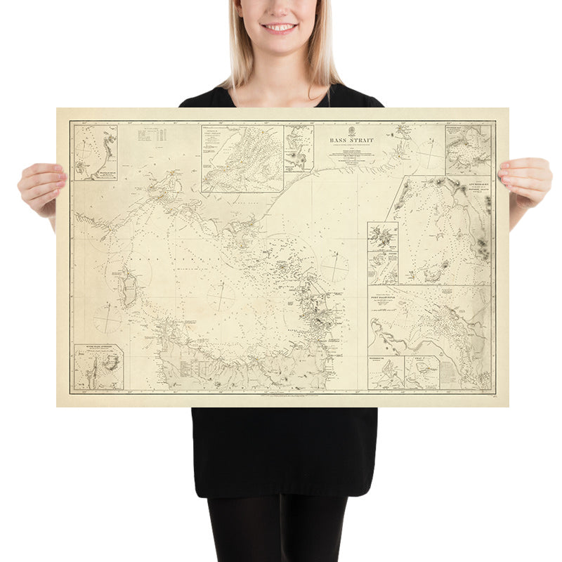 Ancienne carte nautique du détroit de Bass par Stokes, 1844 : Australie, Tasmanie, Port Dalrymple, Île King 