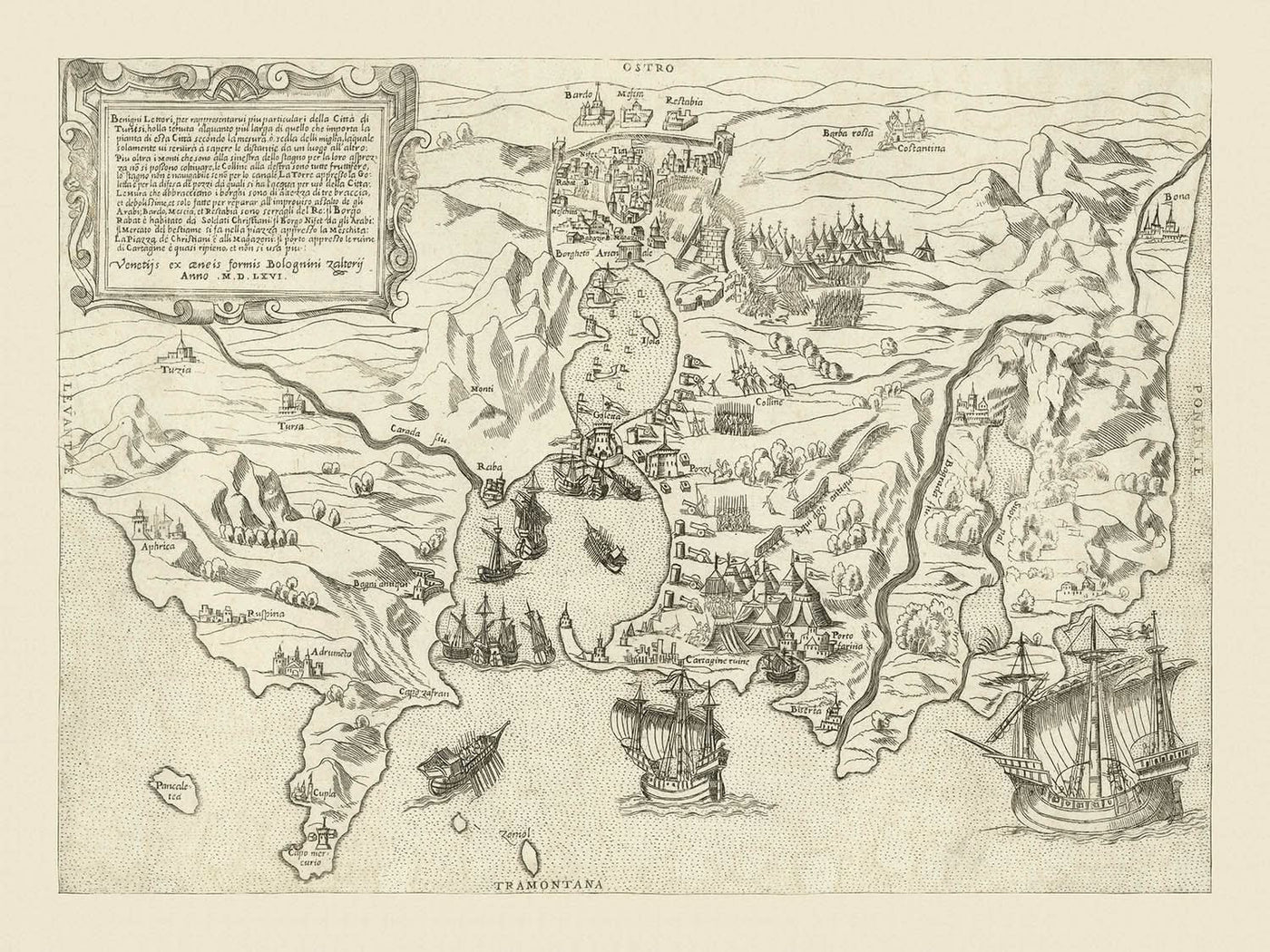 Mapa militar antiguo de la conquista de Túnez por Zaltieri, 1566: Túnez, La Goleta, batallas navales, Borgo Rabat, ruinas de Cartago