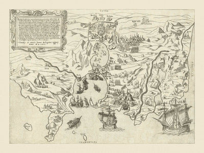 Mapa militar antiguo de la conquista de Túnez por Zaltieri, 1566: Túnez, La Goleta, batallas navales, Borgo Rabat, ruinas de Cartago