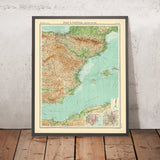 Ancienne carte de l'Espagne orientale par Bartholomew, 1922 : Barcelone, Valence, Pyrénées, delta de l'Èbre, Sierra Nevada 