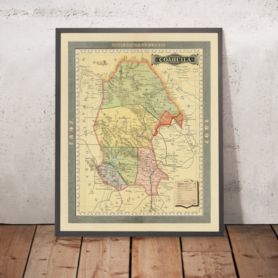 Old Map of Coahuila by García y Cubas, 1897: Saltillo, Torreón, Monclova, Railroads, Rio Grande