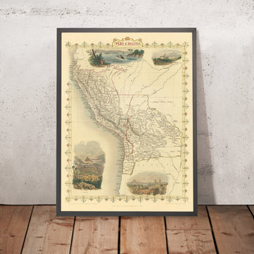 Antica mappa del Perù e della Bolivia di Tallis, 1851: Lima, Potosi, Lago Titicaca, Ande, Costa Atacama 