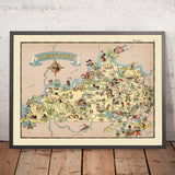 Carte picturale du Kentucky par Ruth Taylor White, 1935 : Louisville, Lexington, courses de chevaux, bourbon, Appalaches 
