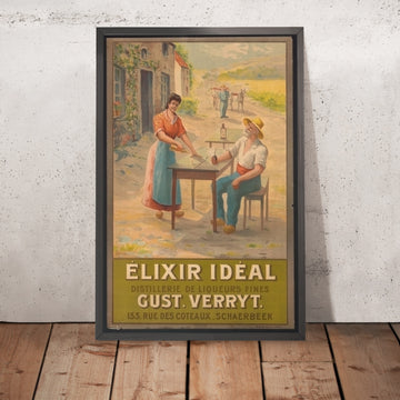 A framed image of Elixir Idéal Vintage Liqueur Poster, 1910