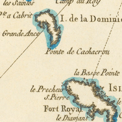 Old Map of the Lesser Antilles by Bellin, 1764: Barbados, Martinique, Guadeloupe, Antigua, Virgin Islands