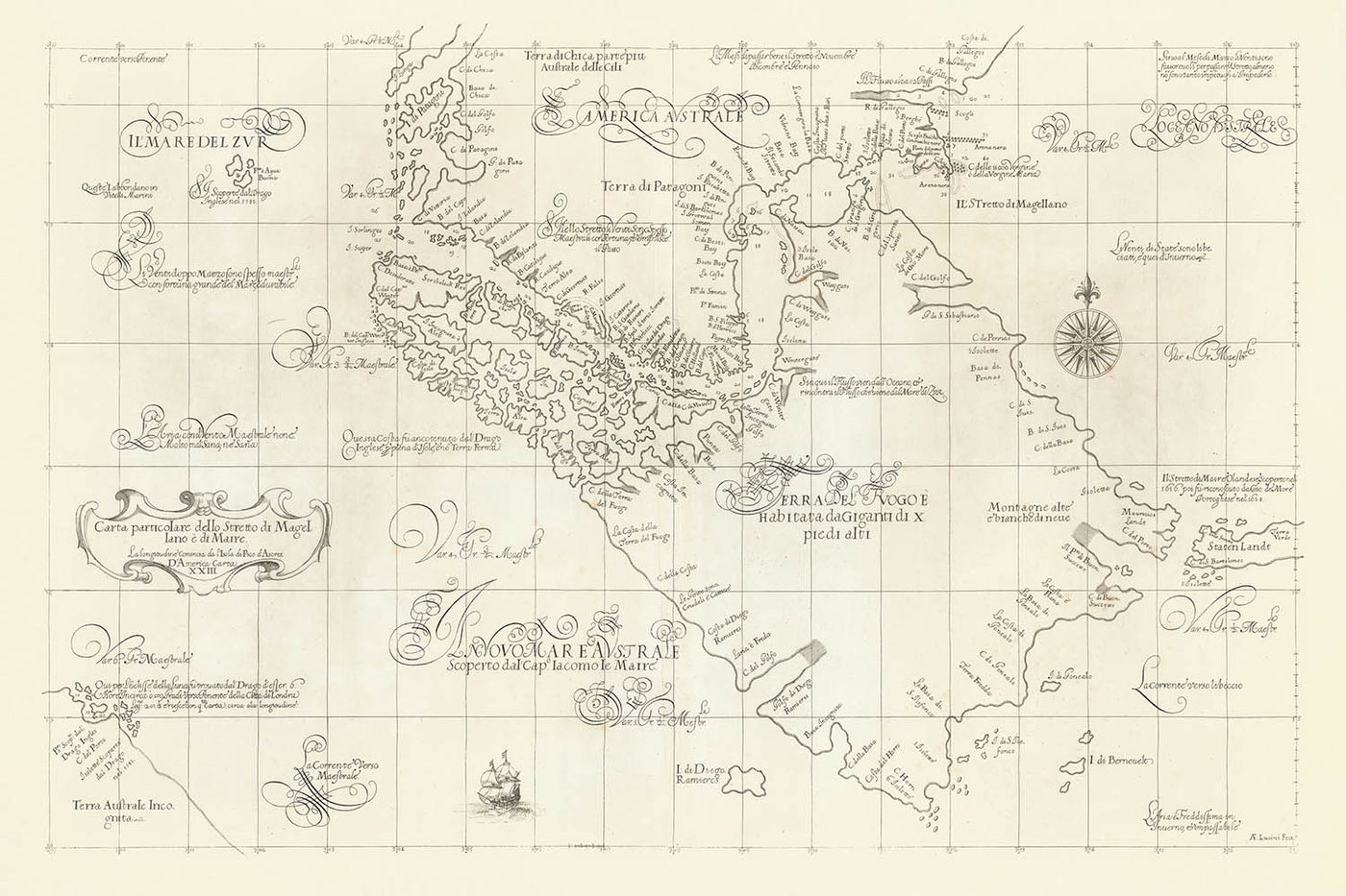 Old Strait of Magellan Nautical Chart by Dudley, 1646: Tierra del Fuego, Le Maire Strait, Terra Australis
