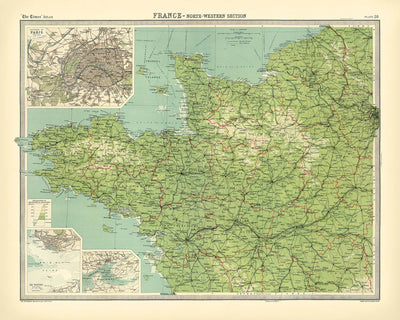 Old Map of North-Western France by Bartholomew, 1922: Paris, Nantes, Brittany, Normandy, Seine, Shipping Routes