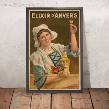 A framed image of Elixir d’Anvers Vintage Liqueur Poster by Gérard Portielje, 1913