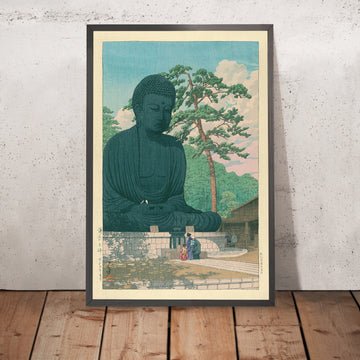 Une image encadrée du Grand Bouddha de Kamakura par Hasui Kawase, 1935