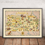 Bildliche Karte von Kansas von Ruth Taylor White, 1935: Wichita, Kansas City, Topeka, Eisenbahnen, Sonnenblumen 