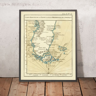 Mapa antiguo de la Patagonia y el estrecho de Magallanes de Bellin, 1764: estrecho, Patagonia, Andes, Cabo de Hornos, Malouines