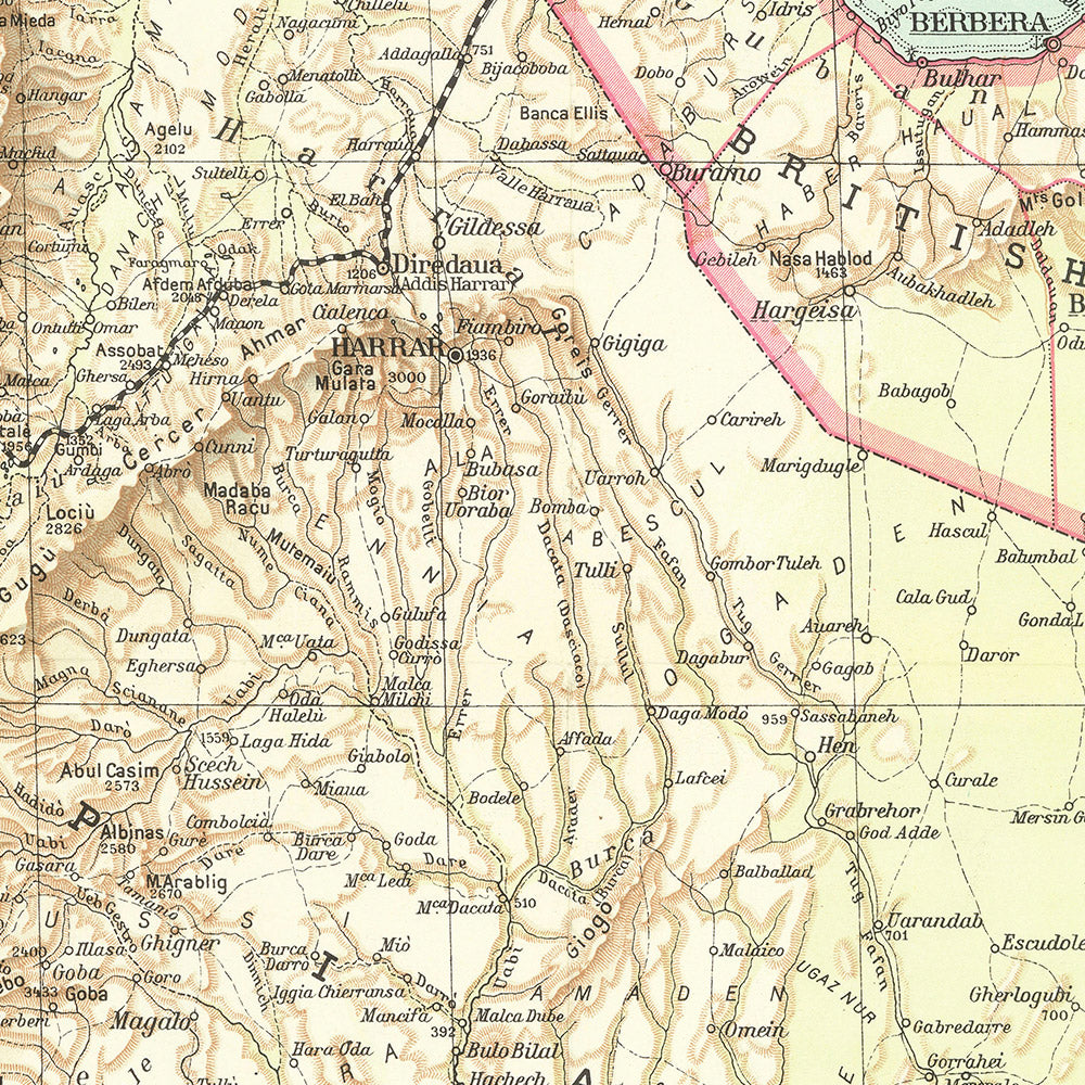Old Map of East Africa by Touring Club Italiano, 1936: Addis Ababa, Mogadishu, Red Sea, Railways, Inset Maps