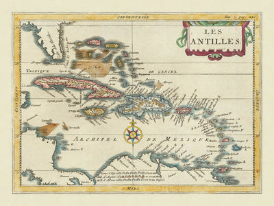Rare Map of the Greater & Lesser Antilles by du Plessis, 1700: Cuba, Hispaniola, Jamaica, Puerto Rico, Caribbean