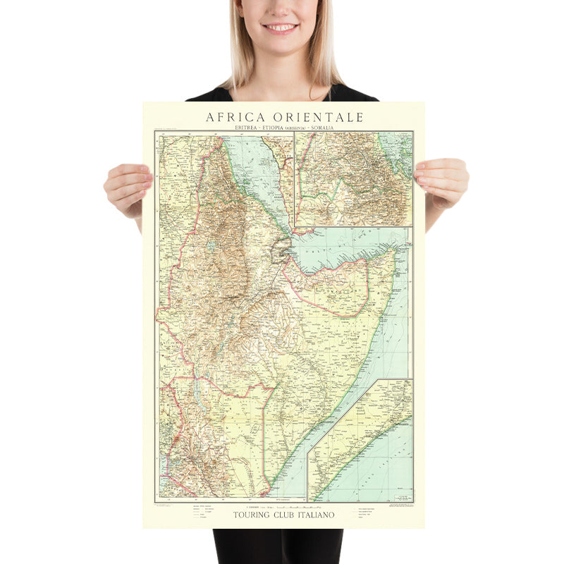 Old Map of East Africa by Touring Club Italiano, 1936: Addis Ababa, Mogadishu, Red Sea, Railways, Inset Maps