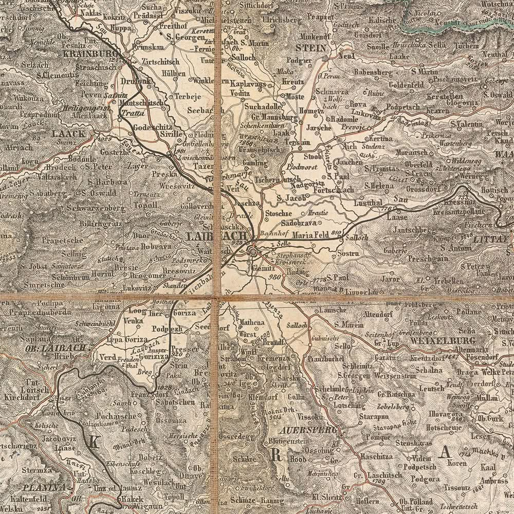 Ancienne carte des Alpes orientales et juliennes par Mayr, 1874 : Trieste, mer Adriatique, montagnes alpines, voies ferrées, hachures