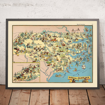 Antiguo mapa pictórico de Carolina del Norte de Ruth Taylor White, 1935: Charlotte, Raleigh, montañas Apalaches, Outer Banks, fábricas textiles 
