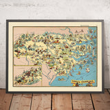 Mappa Pittorica Antica della Carolina del Nord di Ruth Taylor White, 1935: Charlotte, Raleigh, Monti Appalachi, Outer Banks, Fabbriche Tessili 