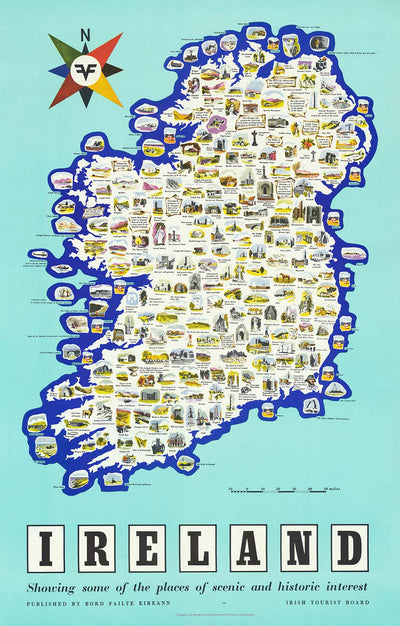 Old Pictorial Map of Ireland, 1958: Dublin, Cliffs of Moher, Giant's Causeway, River Shannon, Blarney Castle