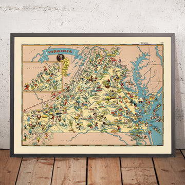 Carte picturale de la Virginie par Ruth Taylor White, 1935 : Richmond, Norfolk, baie de Chesapeake, montagnes Blue Ridge, Jamestown 