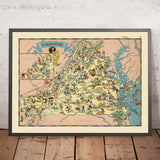 Pictorial Map of Virginia by Ruth Taylor White, 1935: Richmond, Norfolk, Chesapeake Bay, Blue Ridge Mountains, Jamestown
