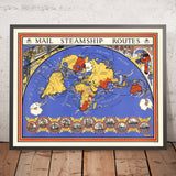 Old World Map of Mail Steamship Routes by Max Gill, 1937: GPO map; color-coded world; RMS Queen Mary