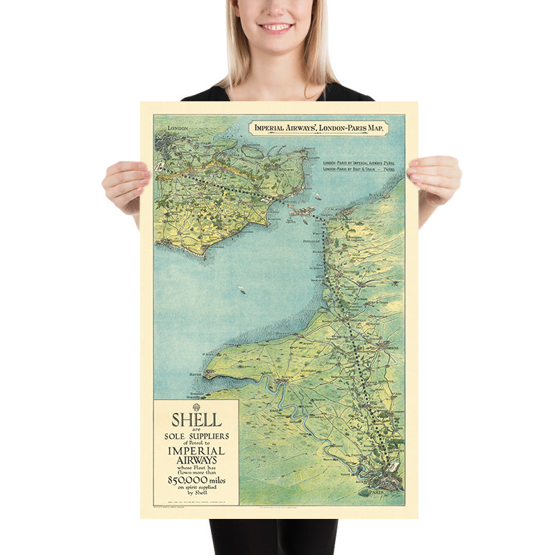 Mappa della vecchia rotta di Londra a Parigi in aereo, 1928: Imperial Airways, Croydon, biplano Handley Page 