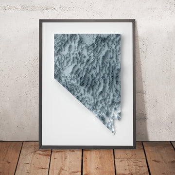 Ein gerahmtes Bild einer topografischen Reliefkarte von Nevada im 3D-Stil