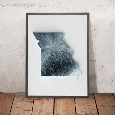 A framed image of a 3D style topographic relief map ofMissouri