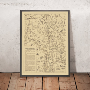 Old Pictorial Map of Montana Rockies National Forests by LaCasse, 1940: Glacier NP, Missoula, Butte, Flathead Lk, Lolo