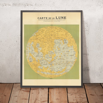 Ancienne carte de la Lune par Moreux, 1949 : relief, mers lunaires et cratères d’impact, inversion N-S 