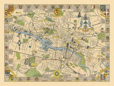 Old Historical Map of Glasgow by Bullock, 1938: Cathedral, University, Kelvingrove, Green, Clyde