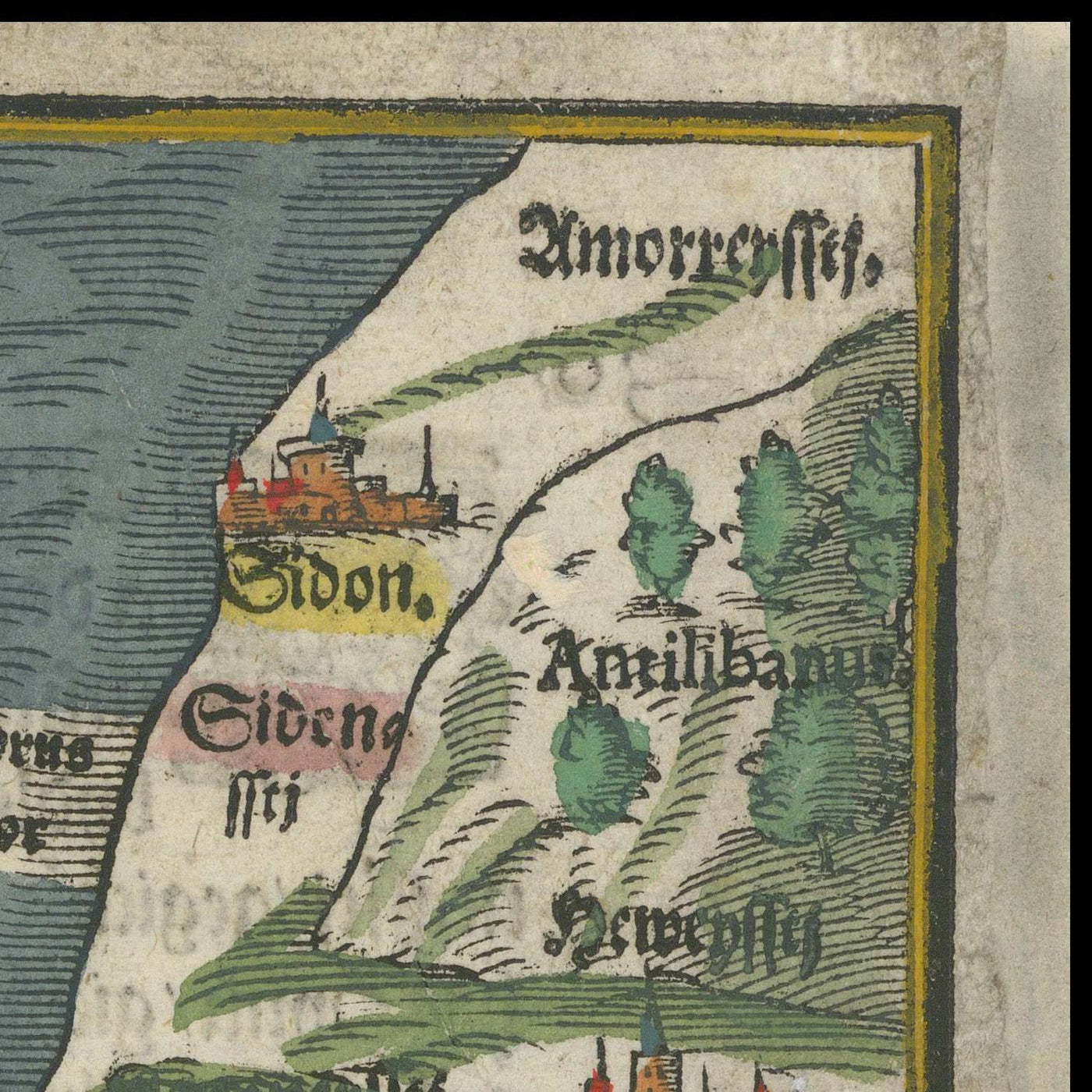 Old Map of Palestine by Bunting, 1592: Canaan, Israel, Jerusalem, Gaza, Jordan River