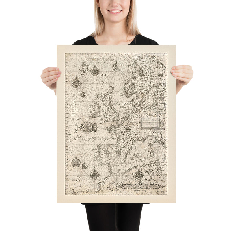 Old Nautical Chart of Europe by Waghenaer, 1588: British Isles, Iceland, Hy Brasil Mythical Island