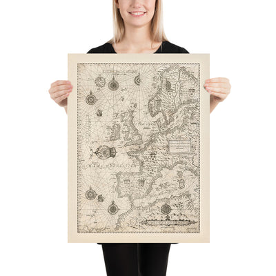 Old Nautical Chart of Europe by Waghenaer, 1588: British Isles, Iceland, Hy Brasil Mythical Island