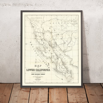 Old Map of Baja California Peninsula, Mexico by Browne, 1868: Ensenada, La Paz, San Felipe, San Quintin, Sea of Cortez