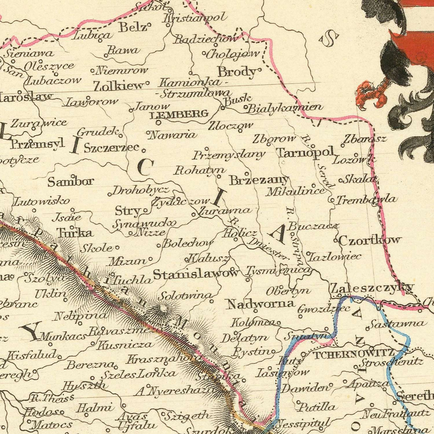 Old Map of Austria by Tallis, 1851: Vienna, Alps, Danube River, Salzburg, Prague