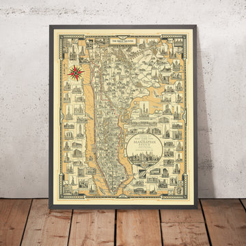 Manhattan: The Great Saunter, Mappa del Percorso della Unique Maps Co. e Chase, 1939: Personalizzabile, Central Park, Statua della Libertà, Empire State Building, Harlem 